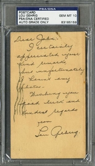 1934 Lou Gehrig Signed GPC with Hand Written Note - PSA/DNA GEM MINT 10 (Triple Crown Season)